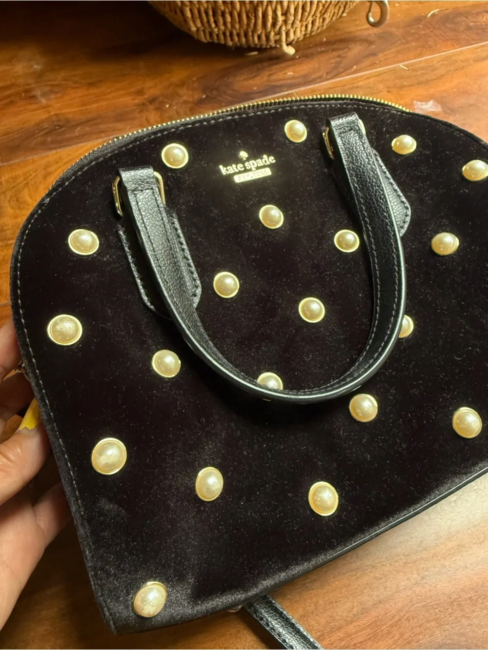 kate spade Black Pearl-Embellished Velvet Dome Satchel